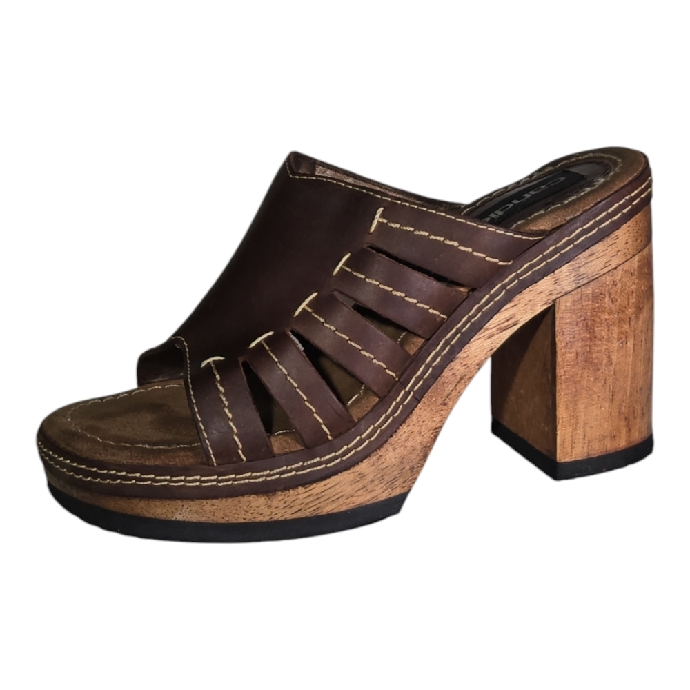 Vintage Candie's Wood and Leather Platform Shoes/Sandals Sz 8 - Made In Brazil